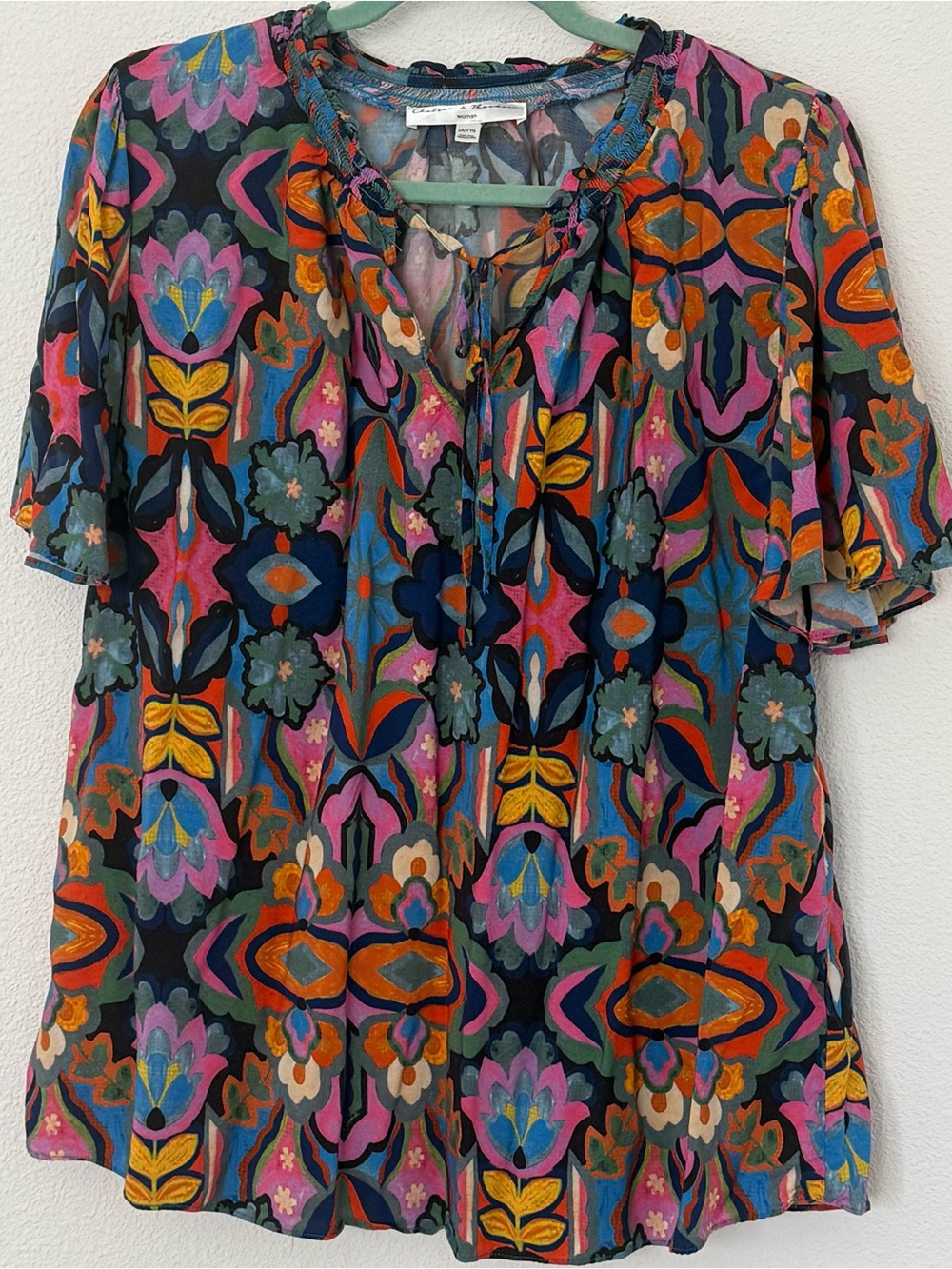 Chelsea & Theodore Kaleidoscope Floral Split Neck Blouse Dopamine Top 2XL EUC